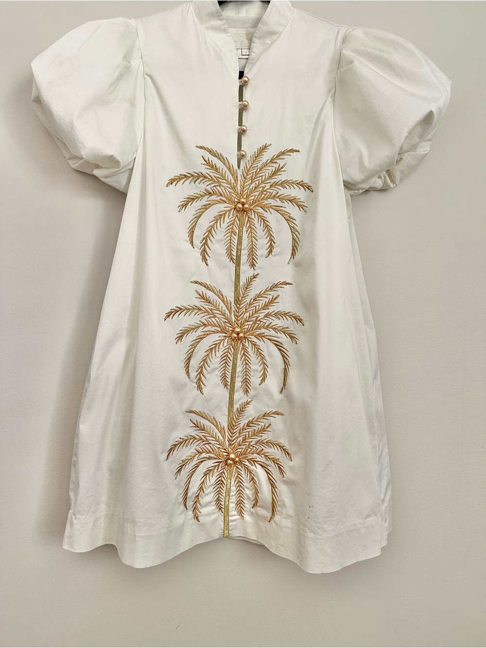 Mestiza Elliana Dress Small Palm Tree Embroidery Short Puff Sleeve Ivory Gold - Picture 3 of 8